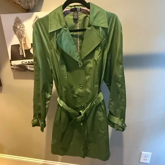 Saks Fifth Avenue Trench Coat Jacket Womens Size 14/XL Metallic Green $400 - Picture 5 of 15